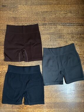Ribbed High-Waist Bike Shorts Trio - Black, Charcoal, Brown